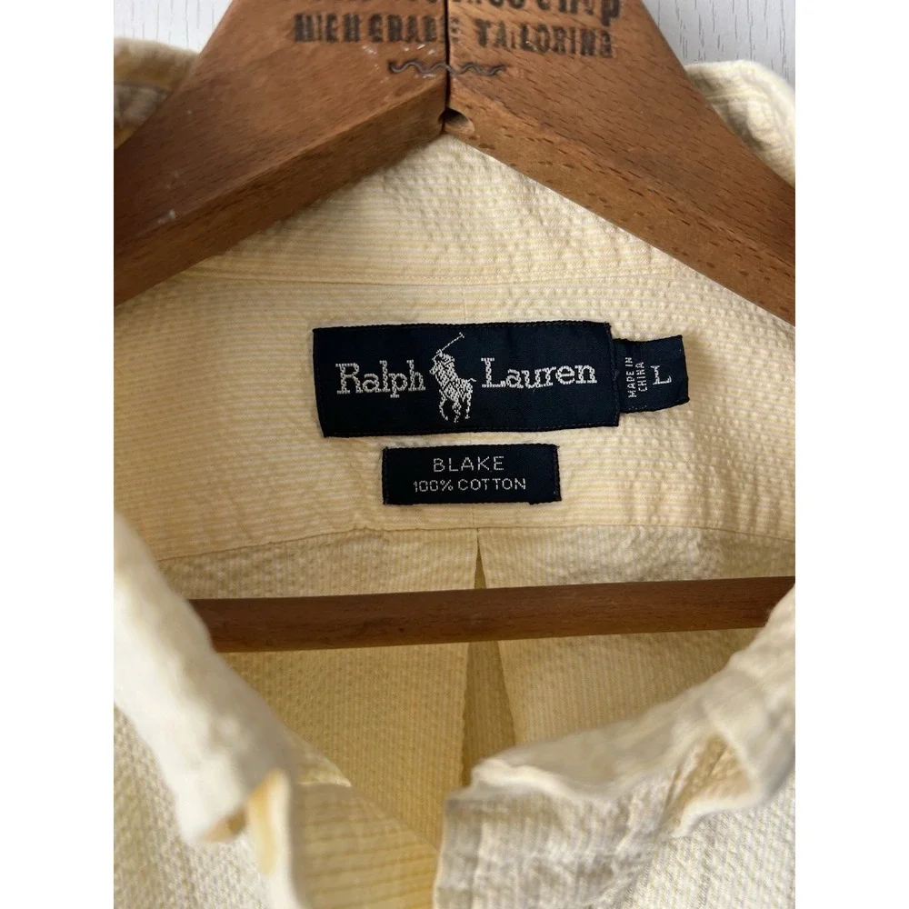 Vintage Ralph Lauren Blake Seersucker Shirt Mens L Yellow Short Sleeve Blue Pony